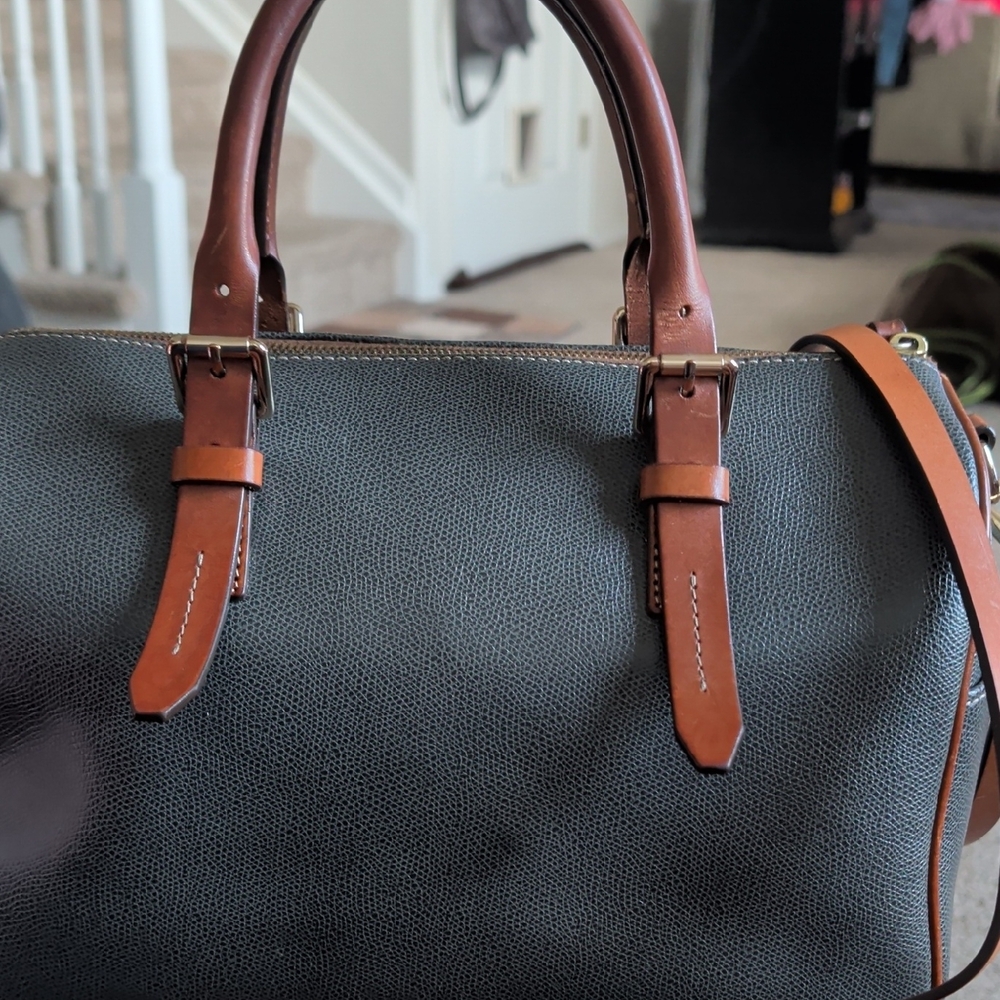 Dooney & Bourke Black Pebbled Leather Satchel with Brown Trim - Picture 3 of 4